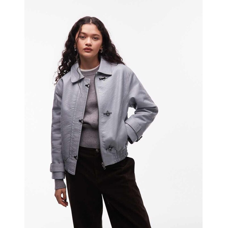 COLLUSION collar detail hardware PU jacket in pastel blue