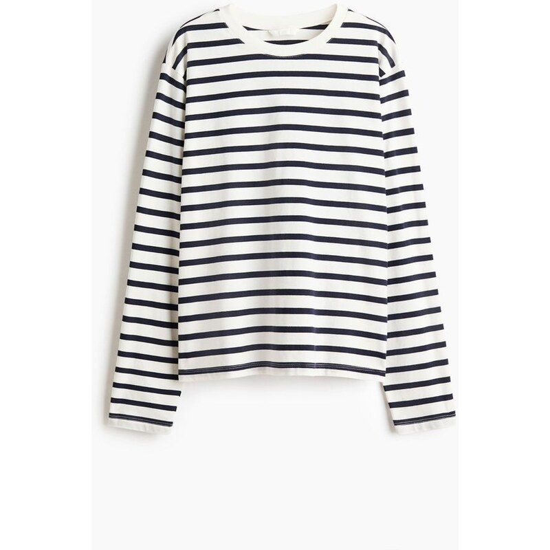 H&M - Bavlněné trikos dlouhým rukávem - Bílá/Proužky Námořnická