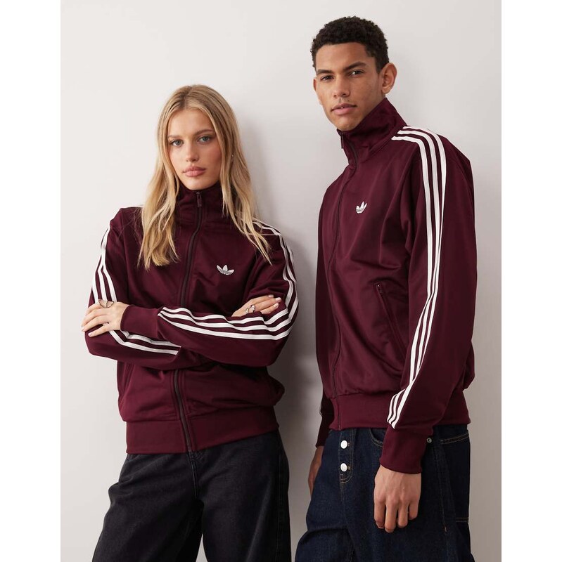 adidas Originals Firebird track top in maroon and off white-Red