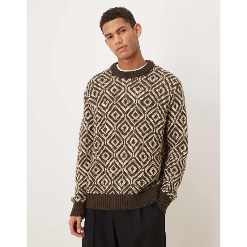 Selected wool blend knitted jumper with geo print in brown