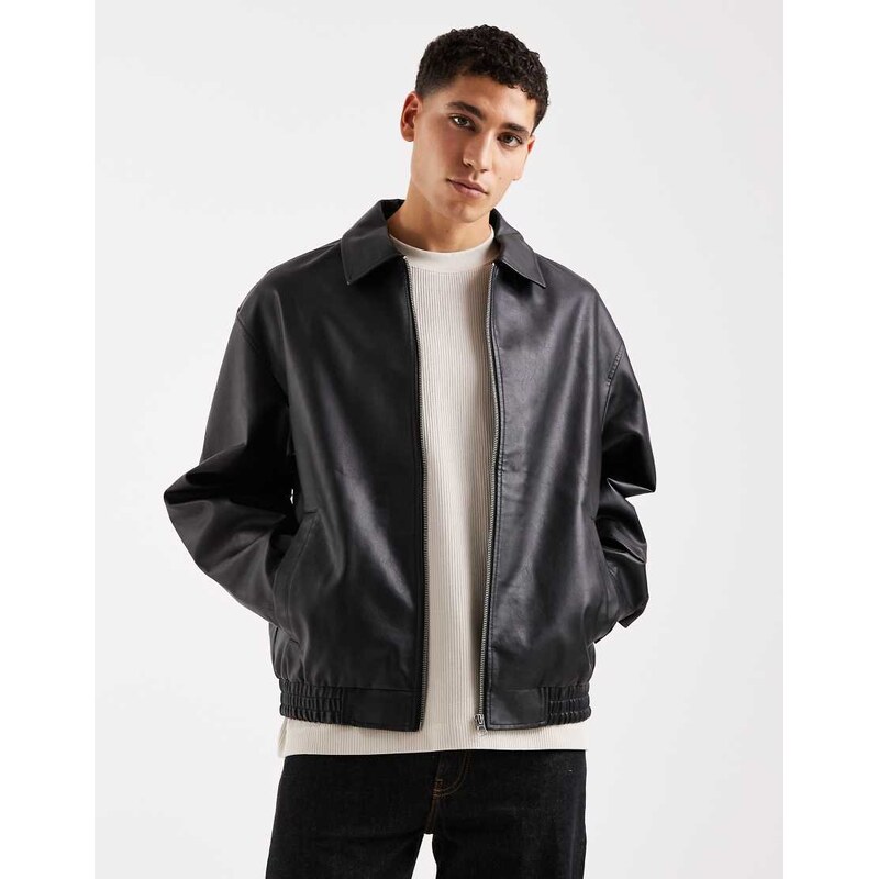 Jack & Jones faux leather bomber jacket in black