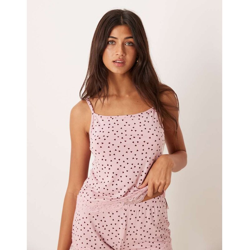 ASOS DESIGN mix & match pyjama cami with lace trim in pink heart
