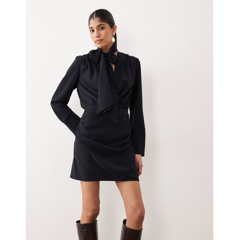 Mango tie neck long sleeve mini dress in navy