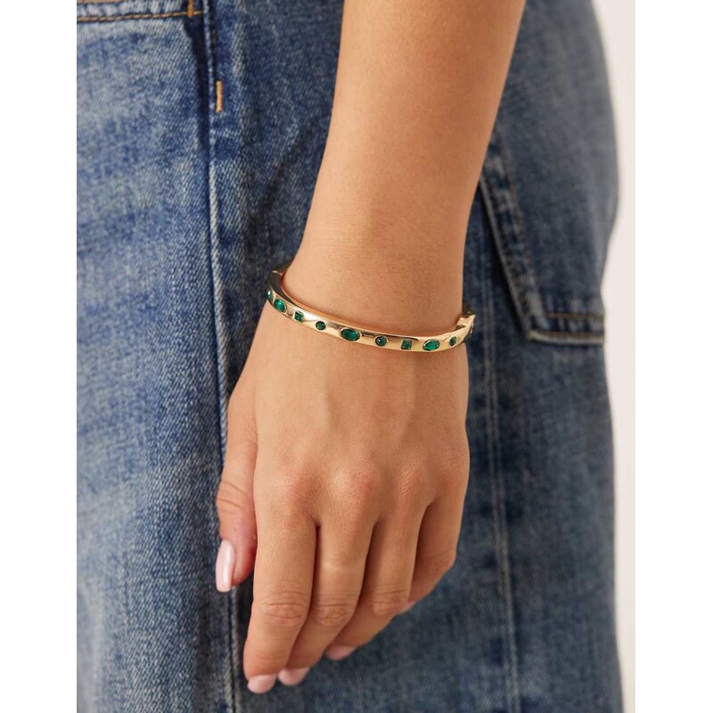 ASOS DESIGN cuff bracelet with green stone sets in gold tone 112328770