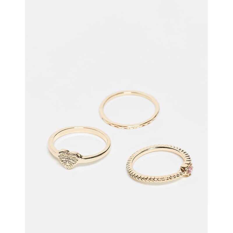 ASOS DESIGN pack of 3 rings with pink sparkly crystal heart design in 113106151