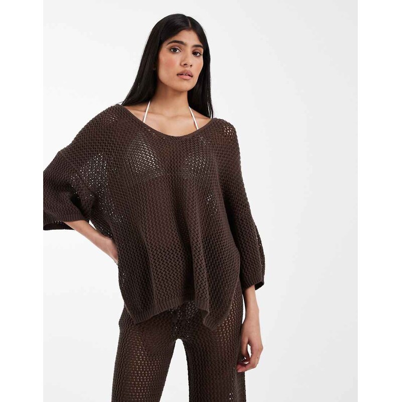 ASOS DESIGN Beach knit hooded t-shirt co ord in chocolate-Brown