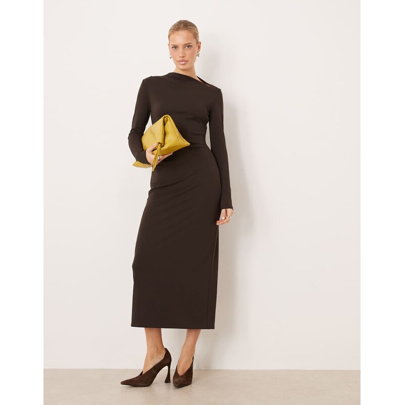 Mango slash neck long sleeve maxi dress in chocolate-Brown
