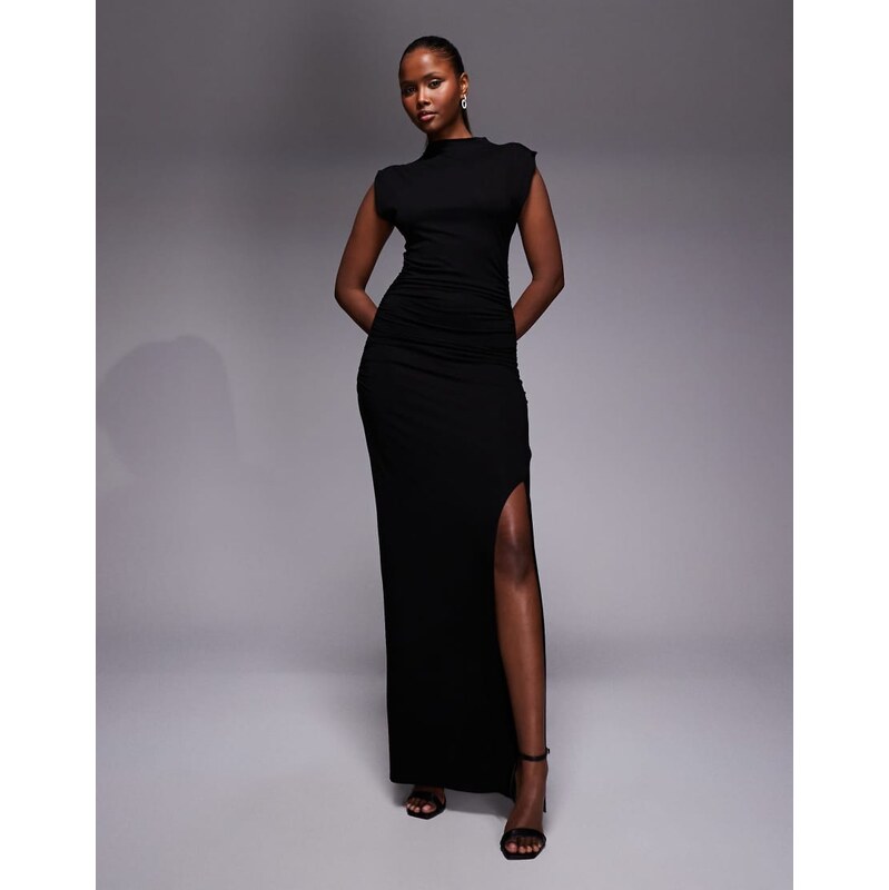 ASOS DESIGN maxi ruched side dress with thigh split in black