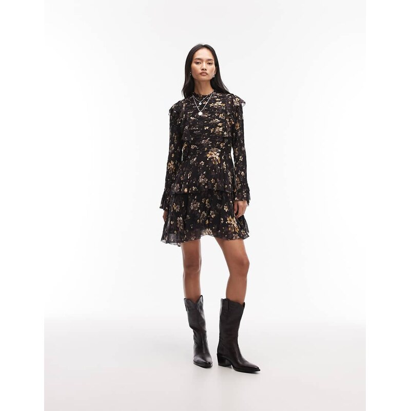 AllSaints portia long sleeve floral ruffle mini dress in black