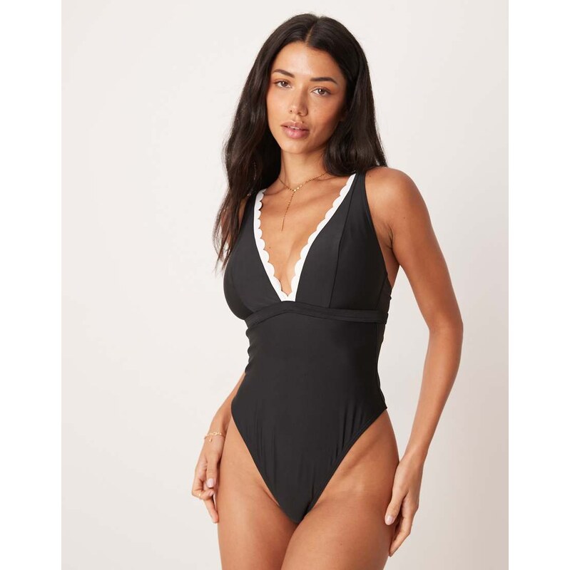 Peek & Beau plunge swimsuit with scallop trim in black