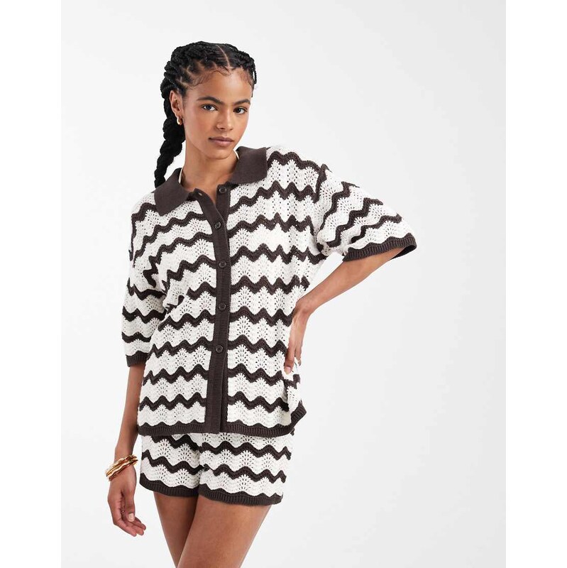 4th & Reckless crochet knit beach shirt co-ord in brown & white zig 112308853