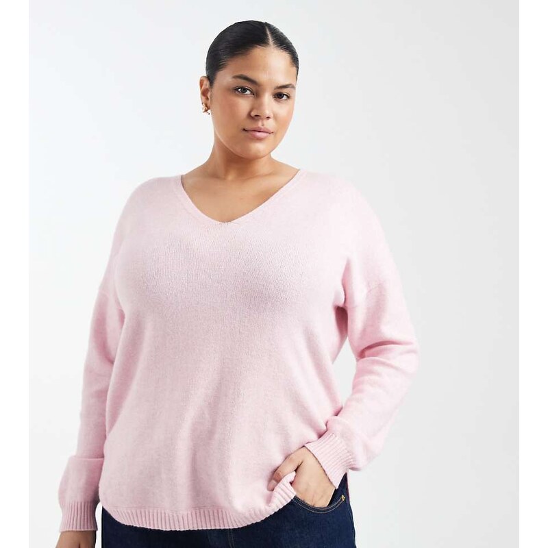 ONLY Curve v-neck jumper in light pink