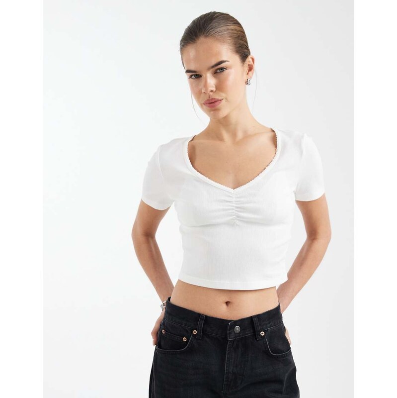ONLY v-neck ruched detail ribbed crop t-shirt in white