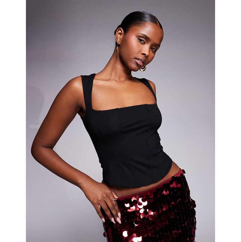 Oh Polly square neck jersey corset top in black