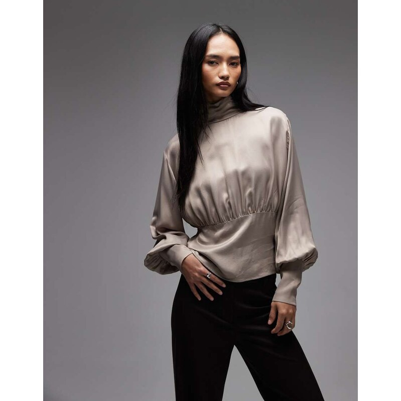 ASOS DESIGN satin high neck blouson sleeve blouse in taupe-Brown