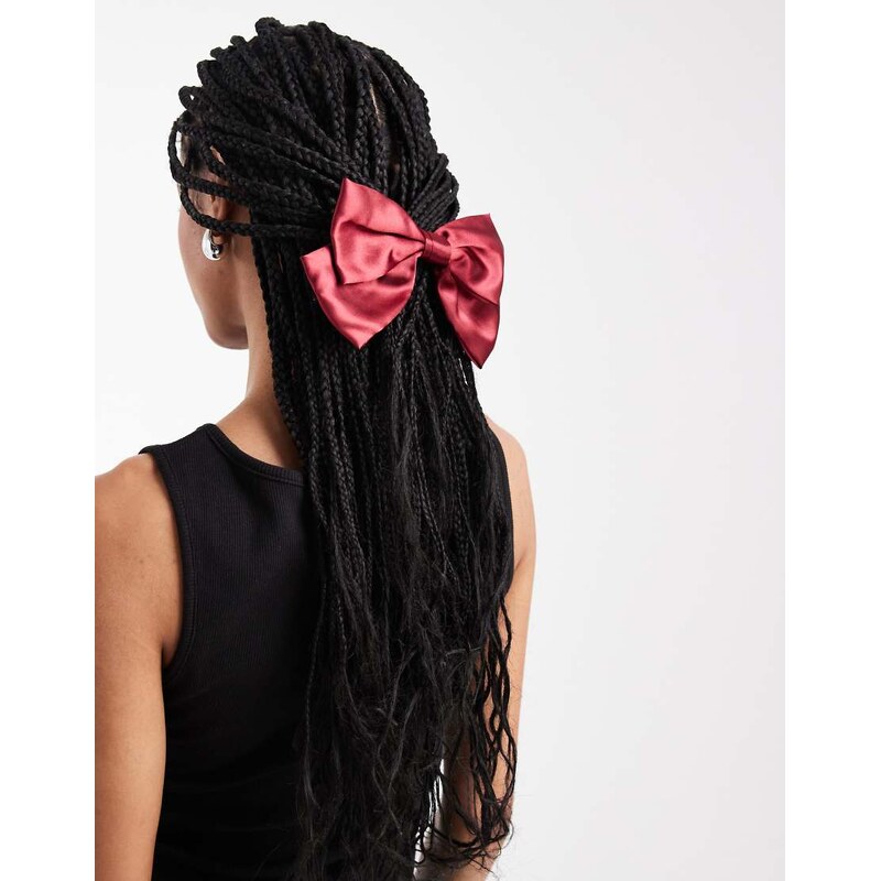 Pieces satin bow hair slide in burgundy-Red 115516026