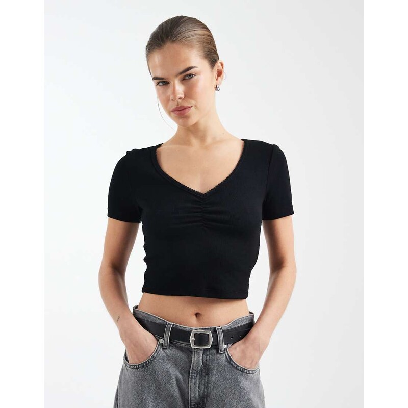 ONLY v-neck ruched detail ribbed crop t-shirt in black
