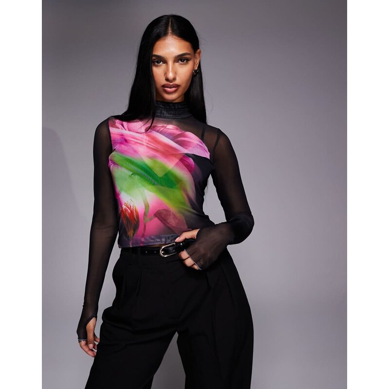 AFRM Zadie mesh high neck long sleeve top in black abstract