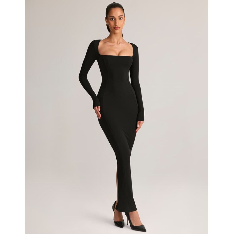 Oh Polly Lux modal square neck long sleeve maxi dress in black