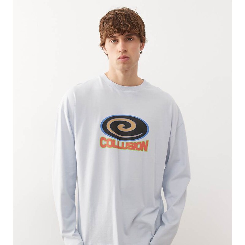 COLLUSION long sleeve baby blue t-shirt with print-Grey