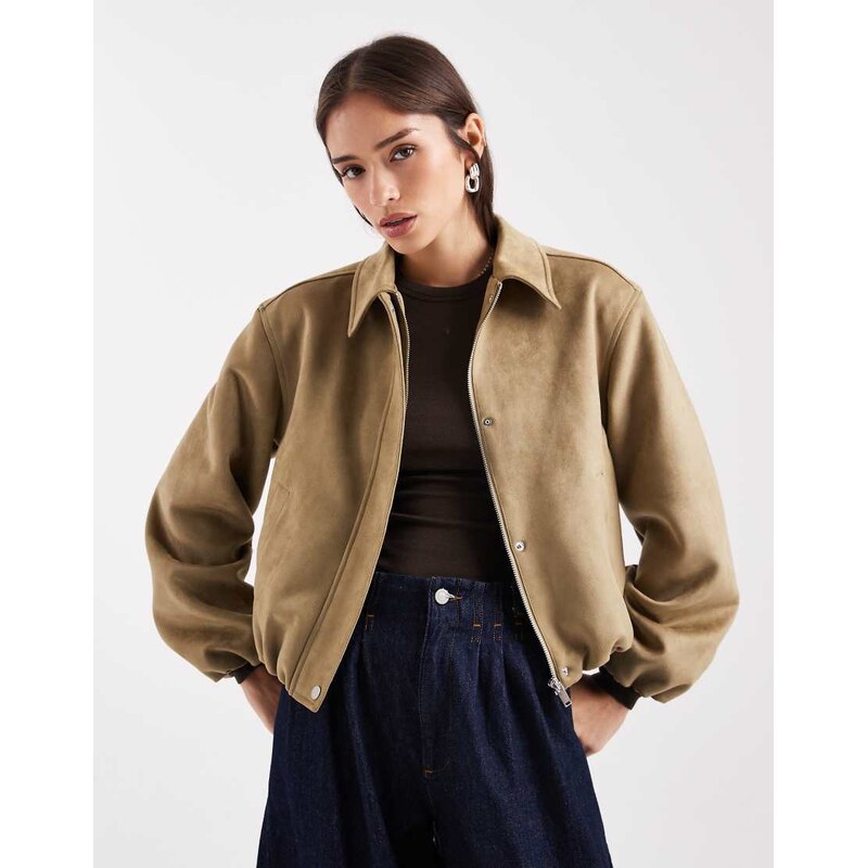 New Look faux suede bubble hem jacket in tan-Green 112484546