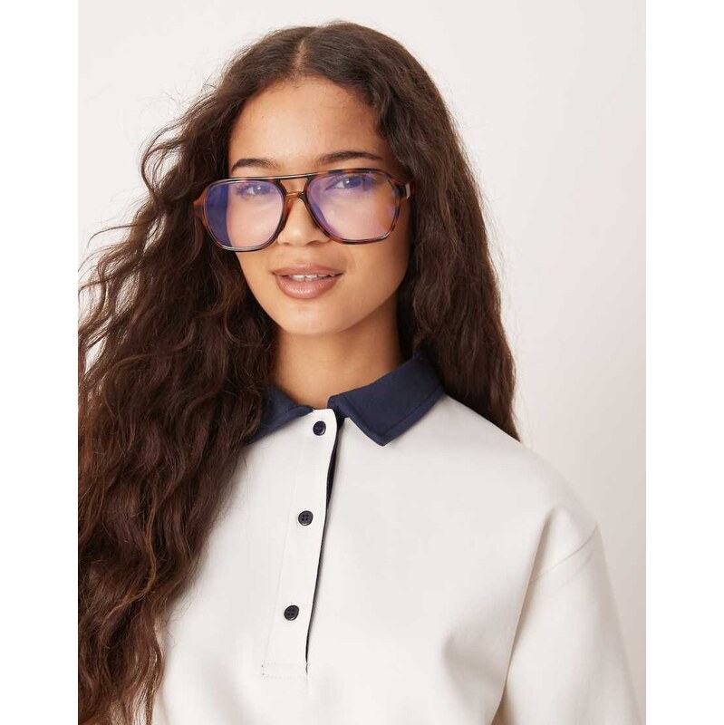 ASOS DESIGN clear blue light lens aviators in tort-Brown