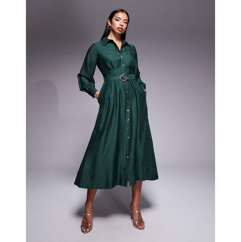 Forever New seam detail belted shirt midi dress in dark green-Red 115517227