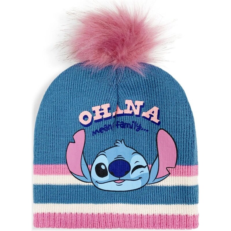 SunCity Dívčí zimní čepice s bambulí Lilo a Stitch - Ohana