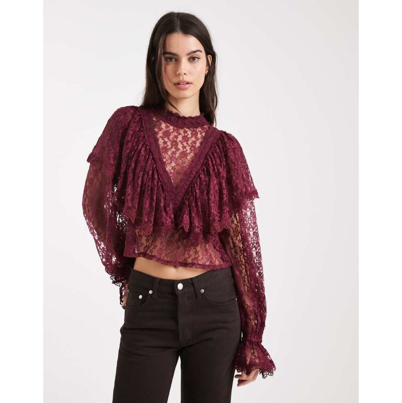 Miss Selfridge lace ruffle blouse in burgundy-Pink 112640226