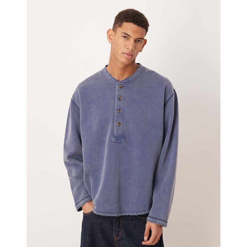 Abercrombie & Fitch henley sweatshirt in washed indigo-Blue