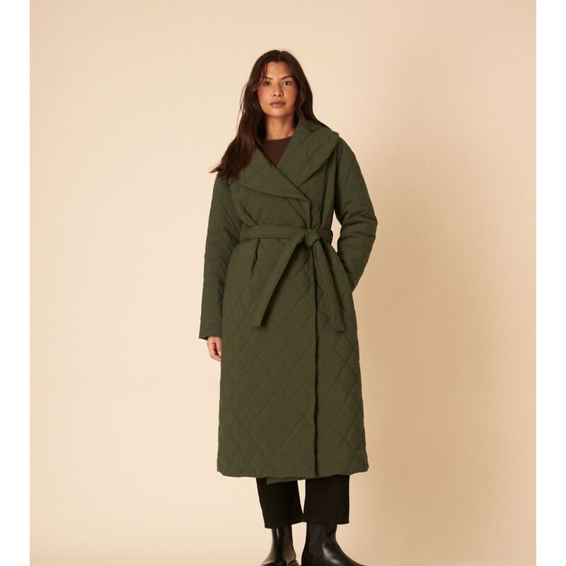Nobodys Child longline tie waist quilted puffer coat in khaki