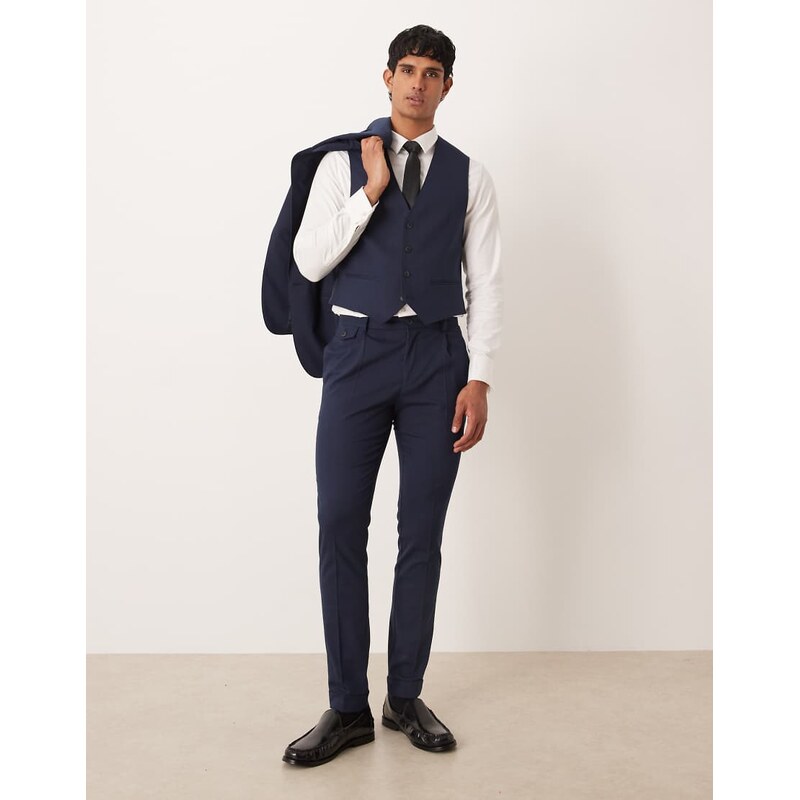 ASOS DESIGN skinny suit trouser in navy herringbone flannel
