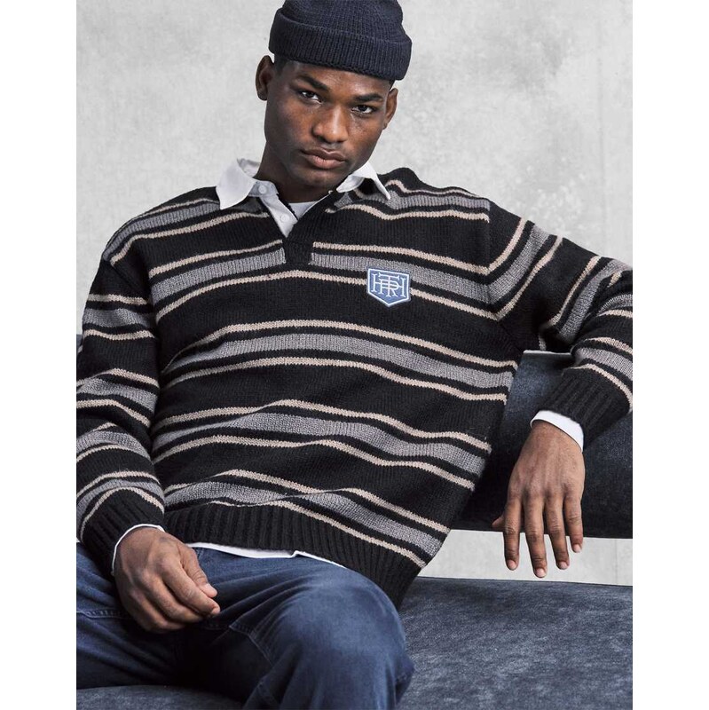 Cotton On long sleeve boxy fit rugby polo in charcoal stripe