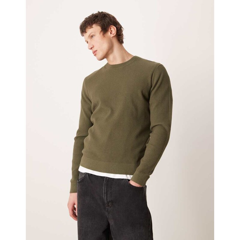 Mango cotton mix crew neck jumper in khaki-Green