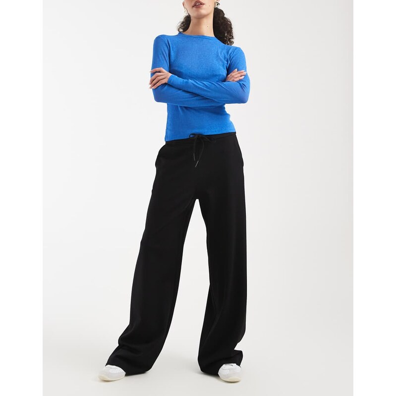 Vero Moda tie waist pull on jersey wide leg trouser in black