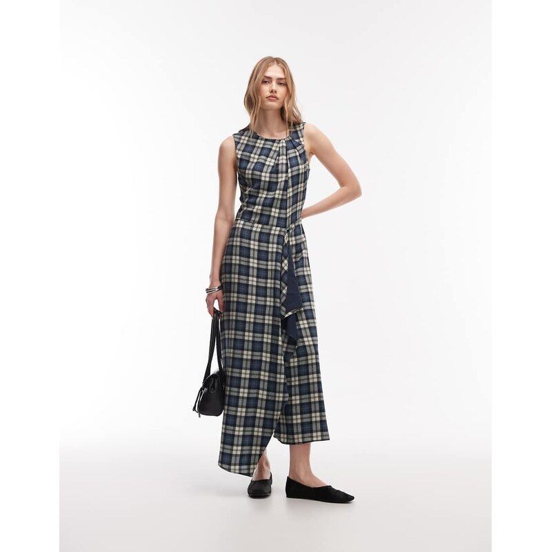 ASOS DESIGN asym midi dress with twist detail in blue check