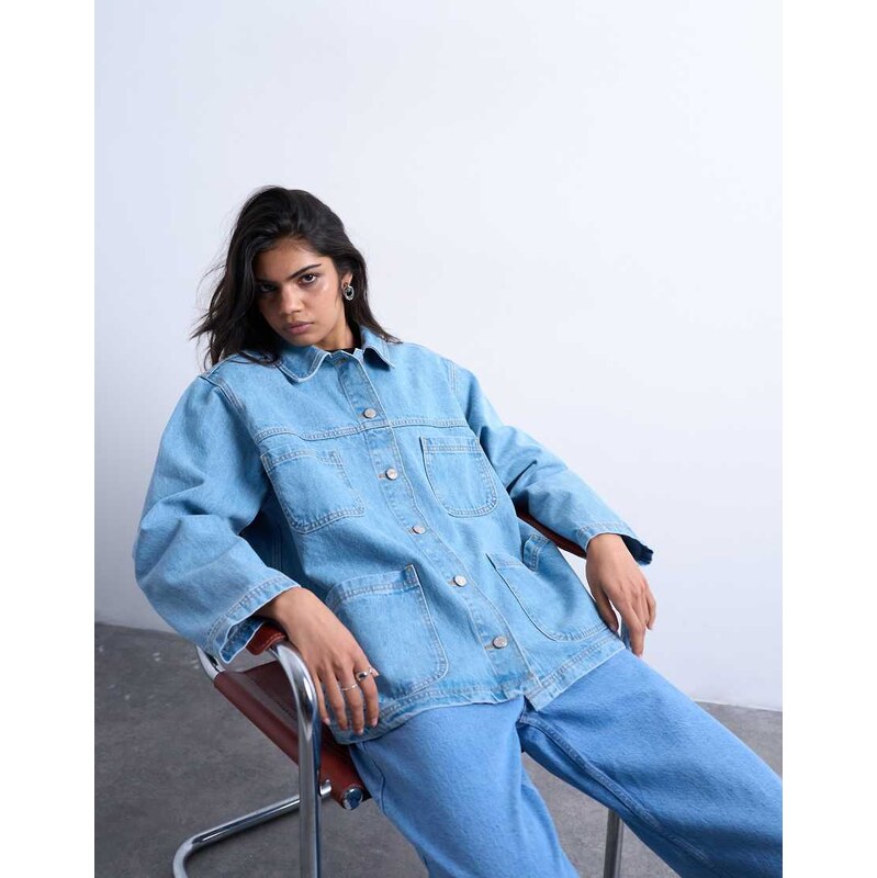Topshop denim worker jacket in bleach-Blue 112321305