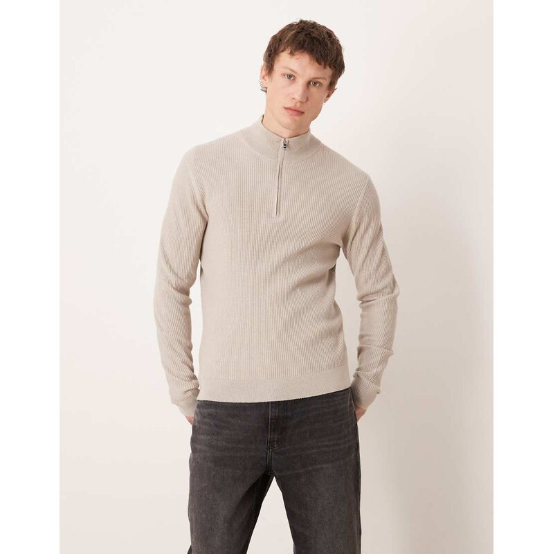 Mango cotton mix high neck quarter zip jumper in beige-Neutral