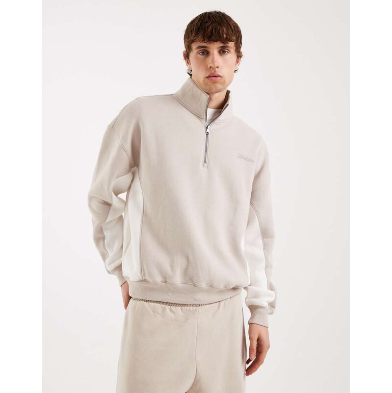 Hollister boxy 1/4 zip sweatshirt in beige colourblock-Neutral
