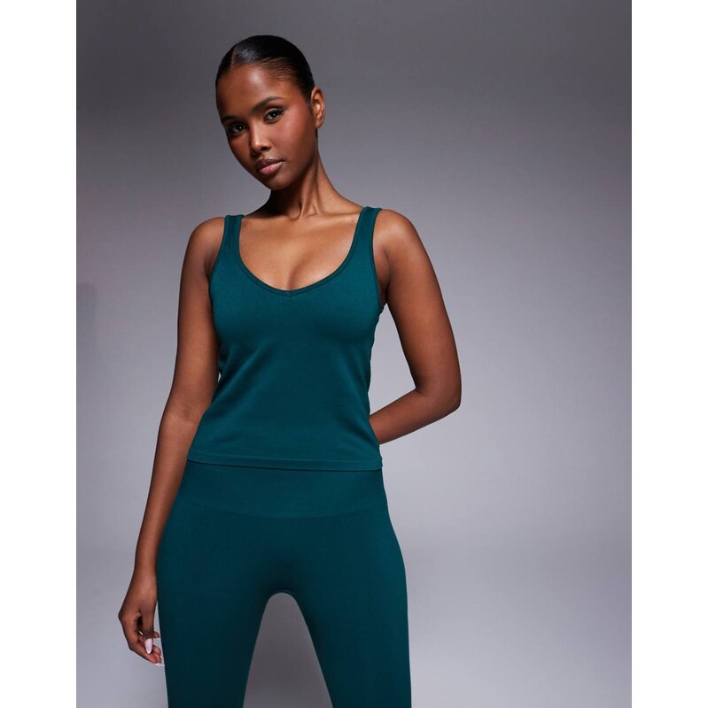 4505 seamless V neck vest with inner bra in dark teal-Green