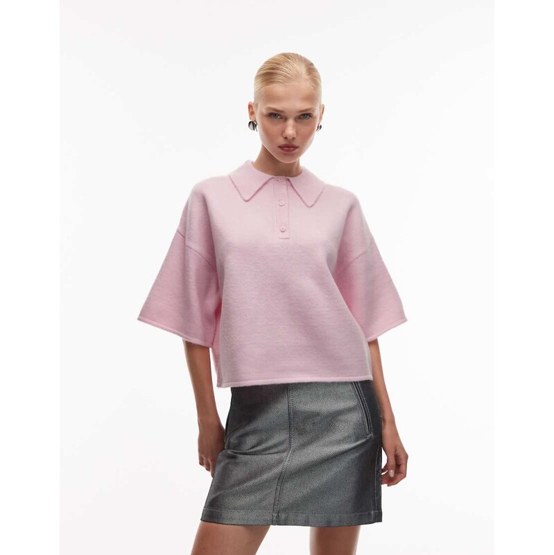 ASOS DESIGN fluffy neat fit polo top in pink