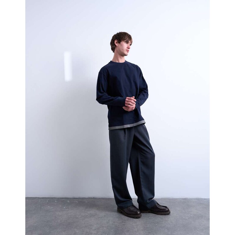 Topman double layer jersey long sleeve tee in navy and grey
