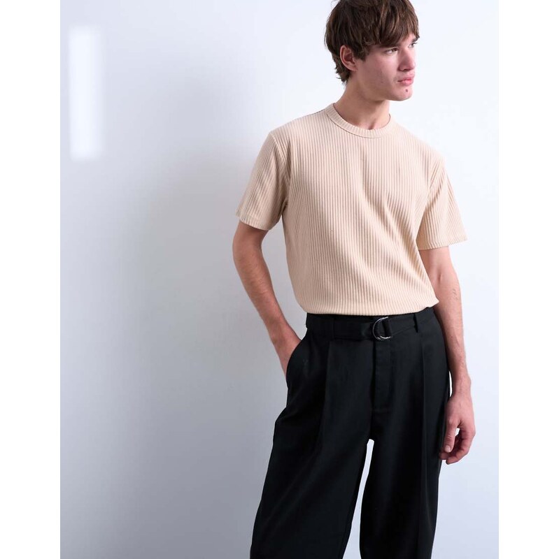 Topman premium heavyweight rib tee in camel-Neutral