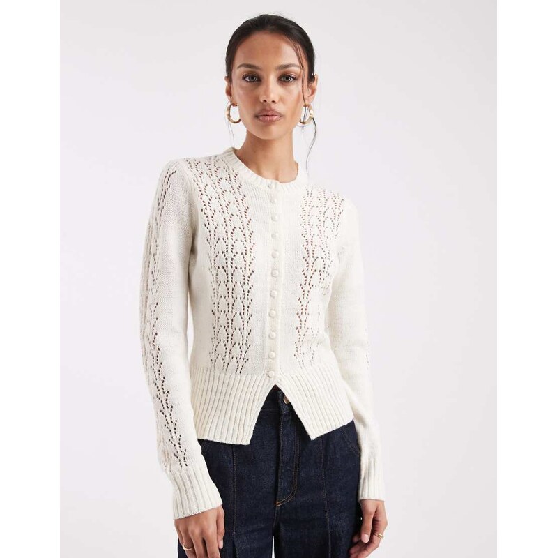Threadbare crew neck pointelle cardigan in ecru-White 115515541
