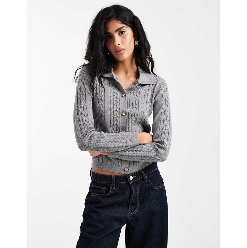 Threadbare cable knit cardigan with collar in grey