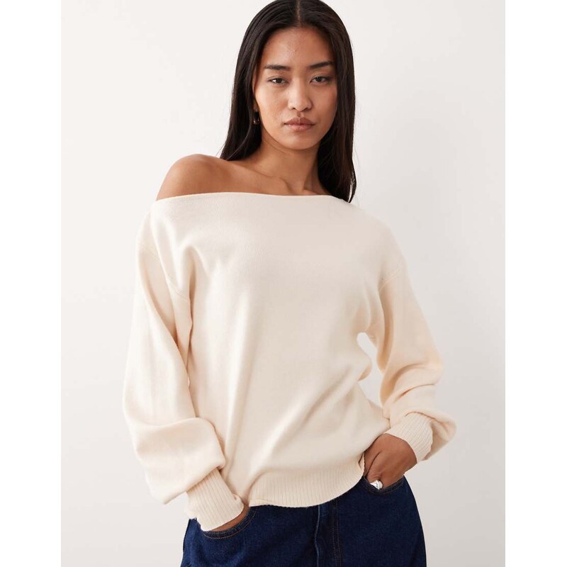 Threadbare off shoulder slouchy sweatshirt in cream-White