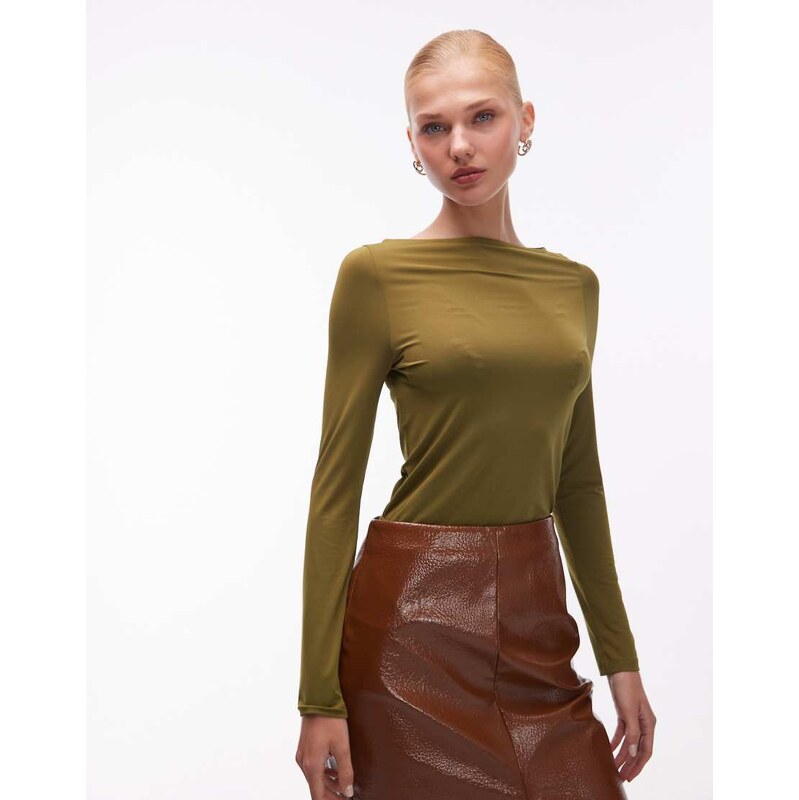 ASOS DESIGN slinky slash neck long sleeve top in khaki-Green