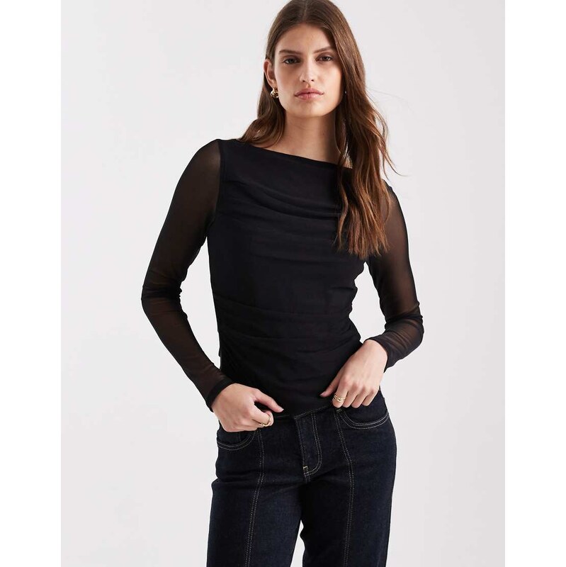 ASOS DESIGN mesh drape boat neck long sleeve top in black
