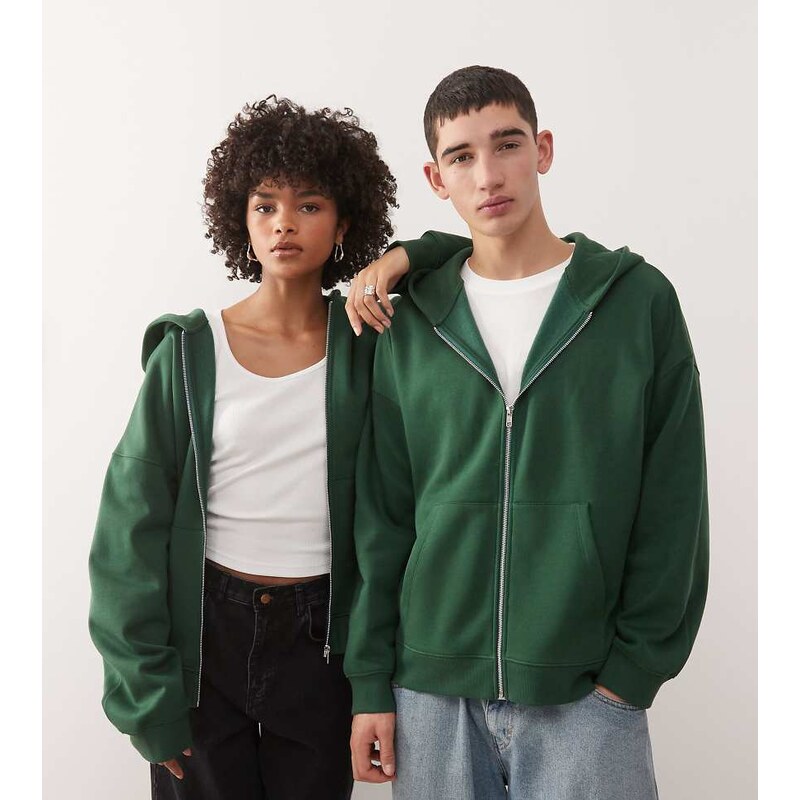 COLLUSION Unisex Zip through hoodie in green