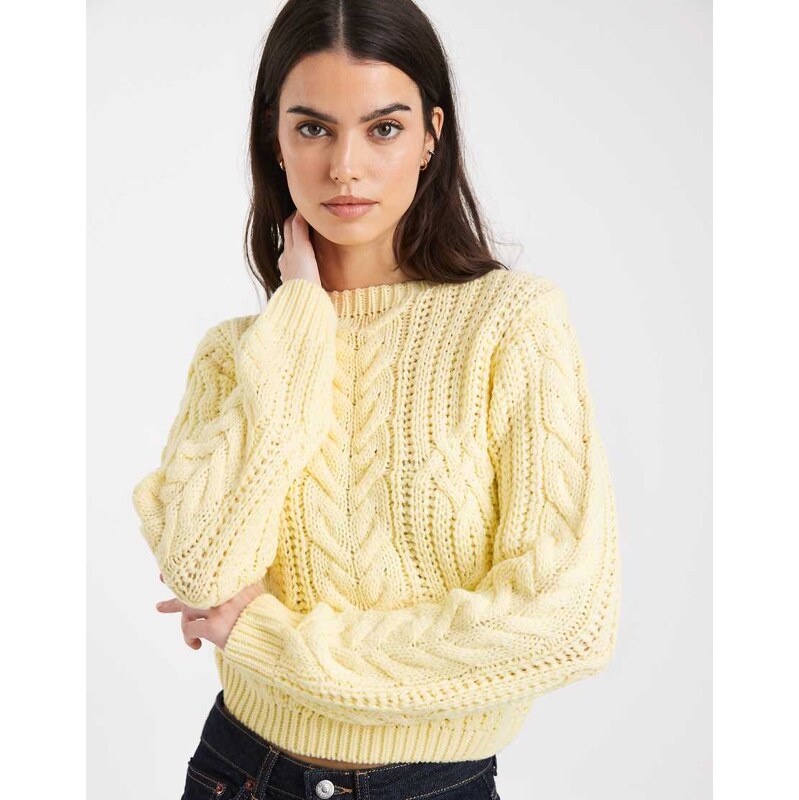 Brave Soul crew neck cable knit jumper in yellow 115514886